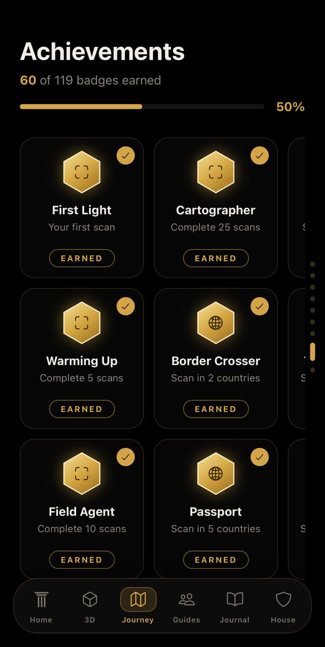 The Achievements screen: gold hexagonal badges earned from real scans, with a count of how many of the full set are unlocked