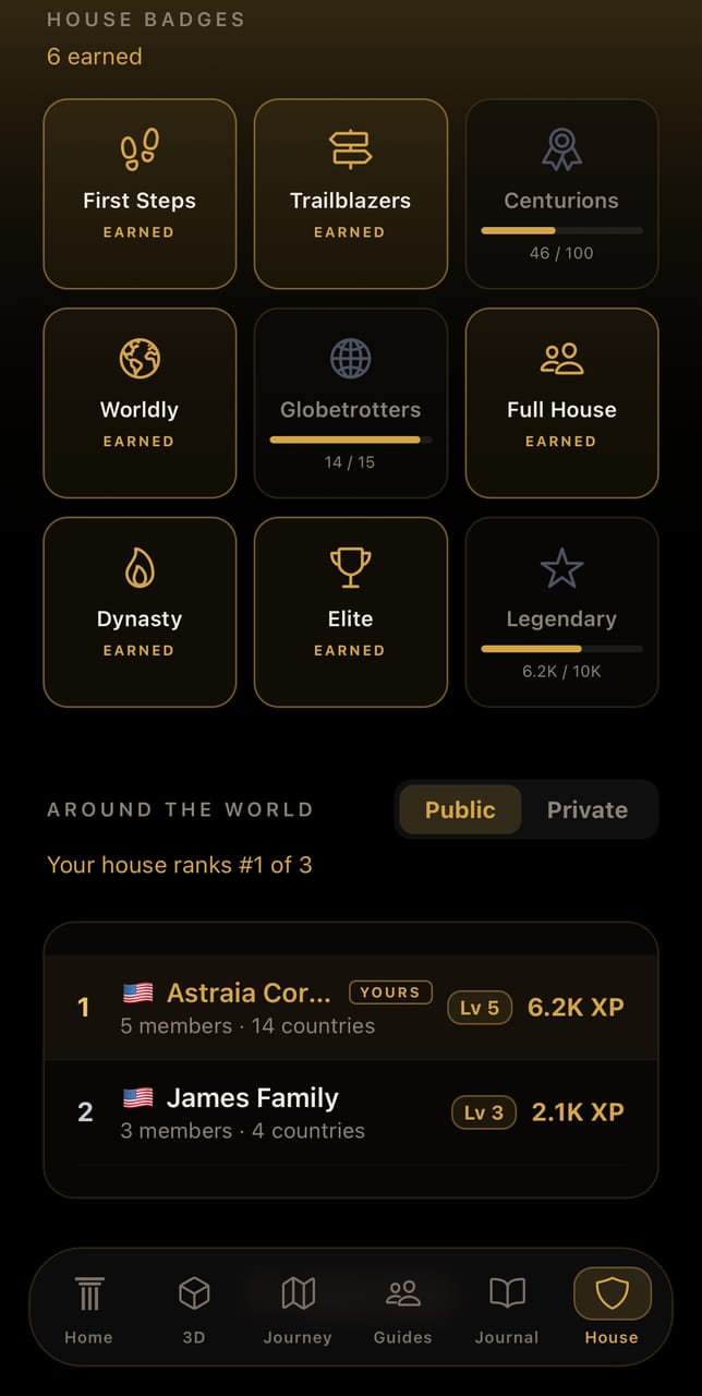 A House's badge wall — First Steps, Trailblazers, Worldly and the rest — above the global ranking of Houses