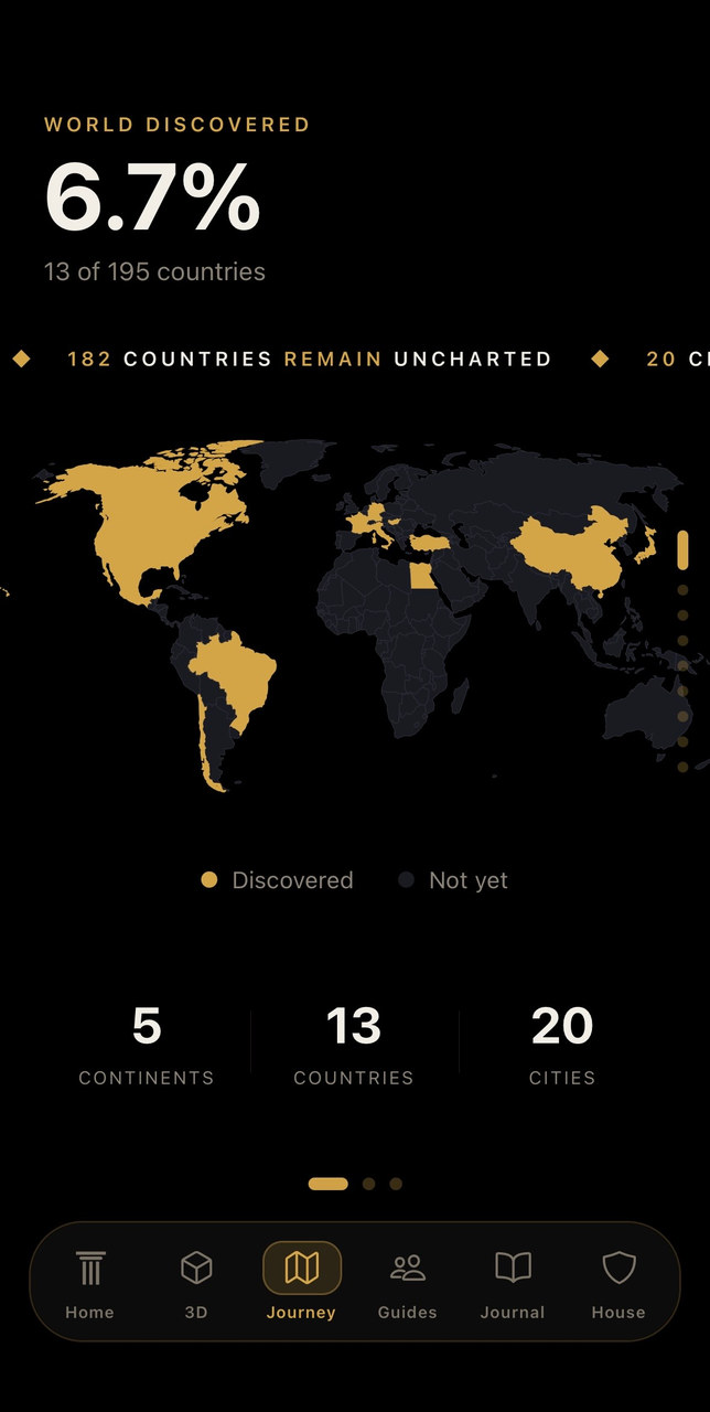 The Journey screen: a world map with scanned countries lit in gold, the share of the world discovered, and totals for continents, countries and cities