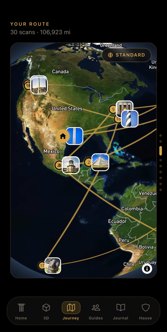 The Route screen: a satellite map with every scan pinned where it was taken, joined by the line travelled, above a count of scans and total miles